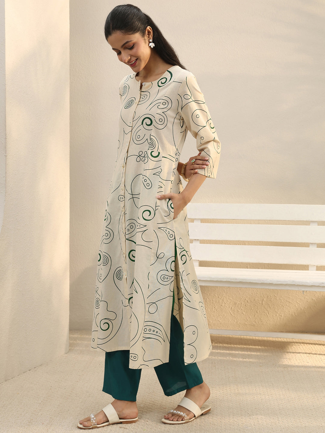 Off White Abstract Printed Panelled A-Line Kurta