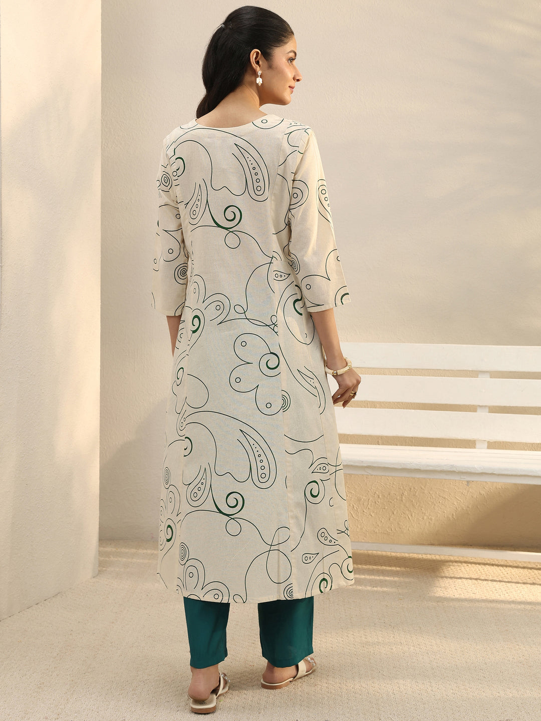 Off White Abstract Printed Panelled A-Line Kurta
