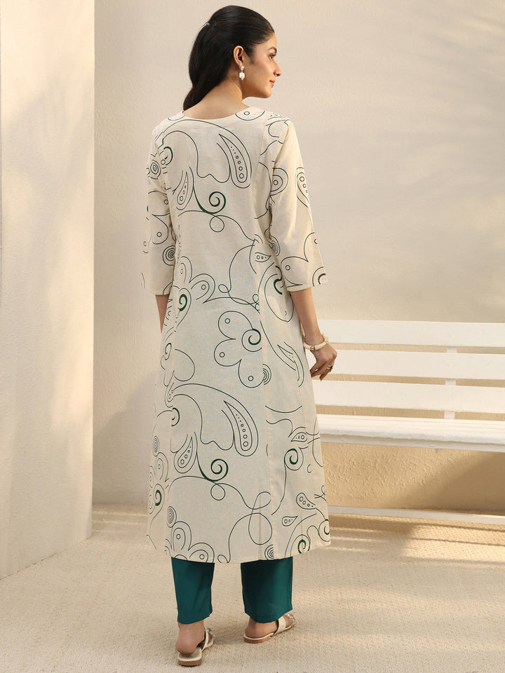 Off White Abstract Printed Panelled A-Line Kurta