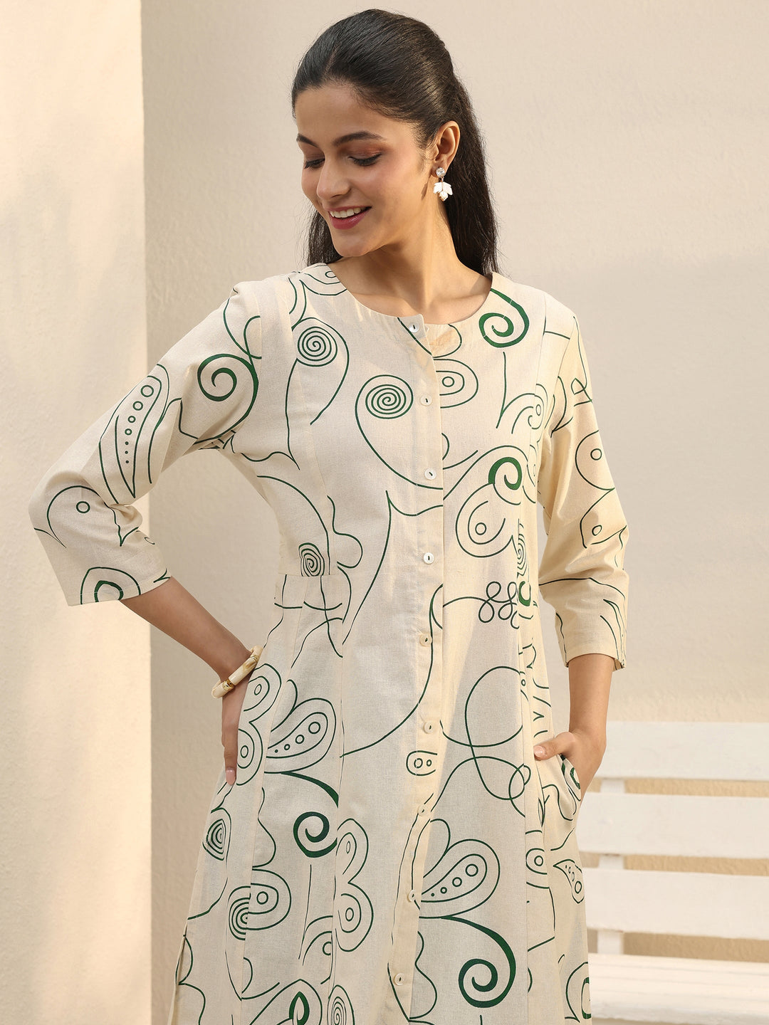 Off White Abstract Printed Panelled A-Line Kurta