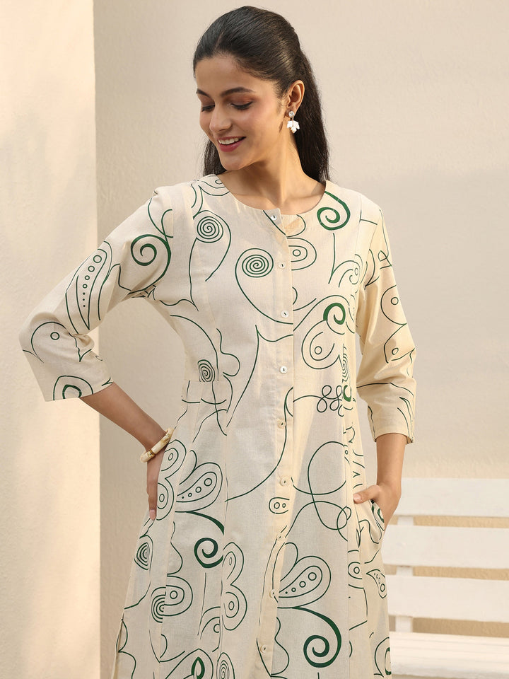 Off White Abstract Printed Panelled A-Line Kurta