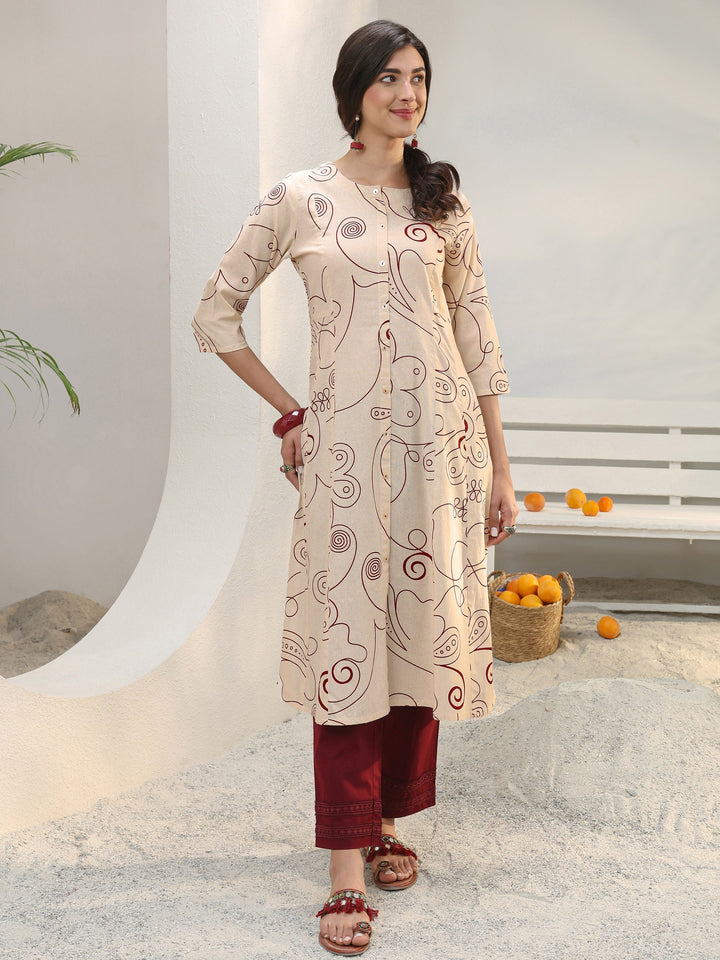 Off White Abstract Printed Cotton Blend A-Line Kurta