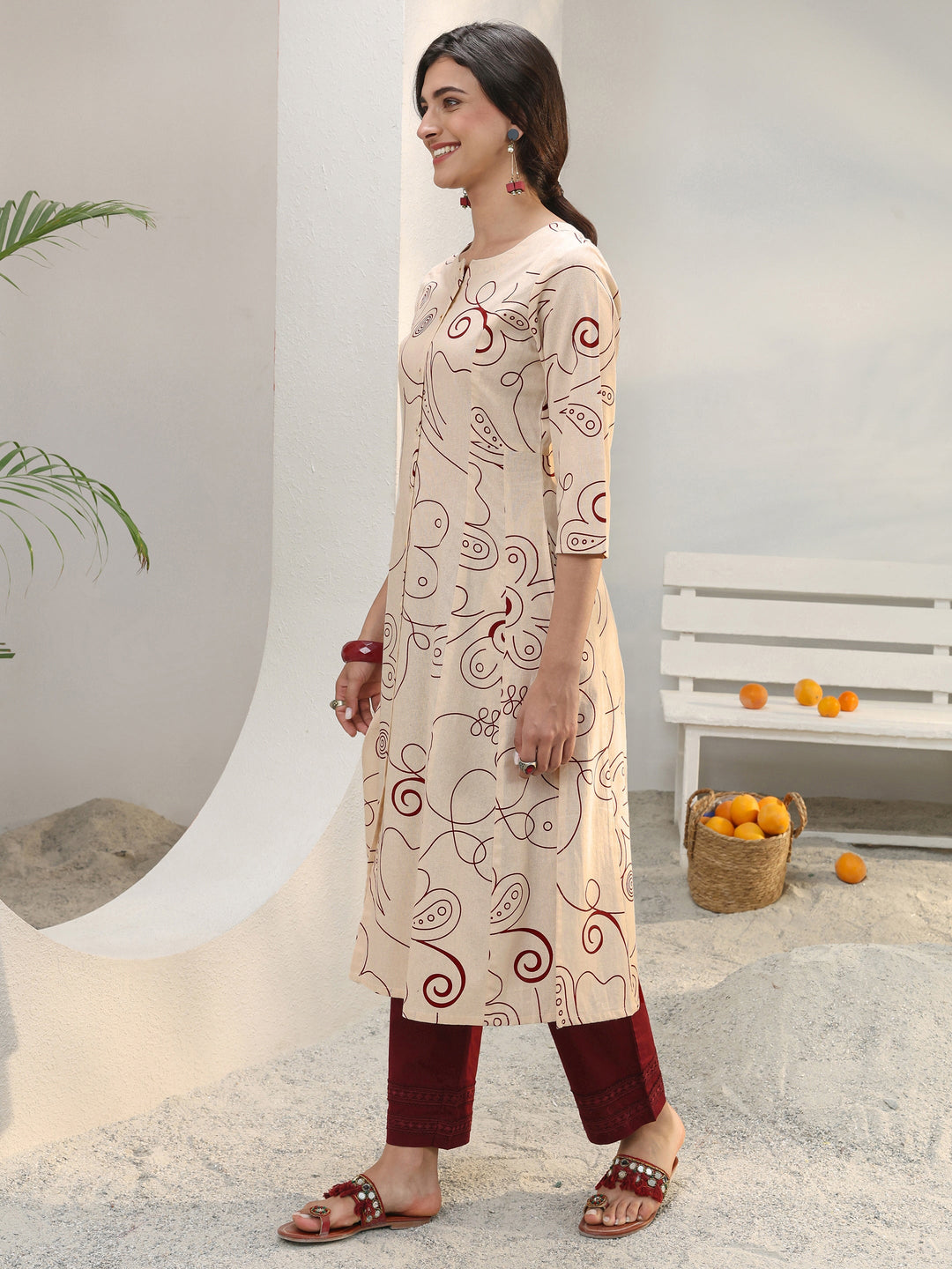 Off White Abstract Printed Cotton Blend A-Line Kurta