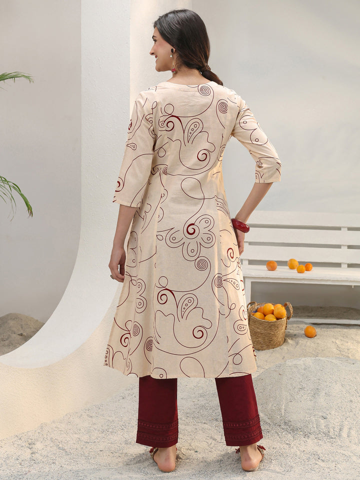 Off White Abstract Printed Cotton Blend A-Line Kurta
