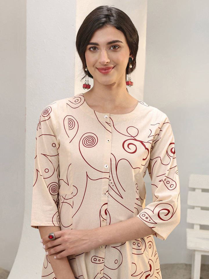 Off White Abstract Printed Cotton Blend A-Line Kurta