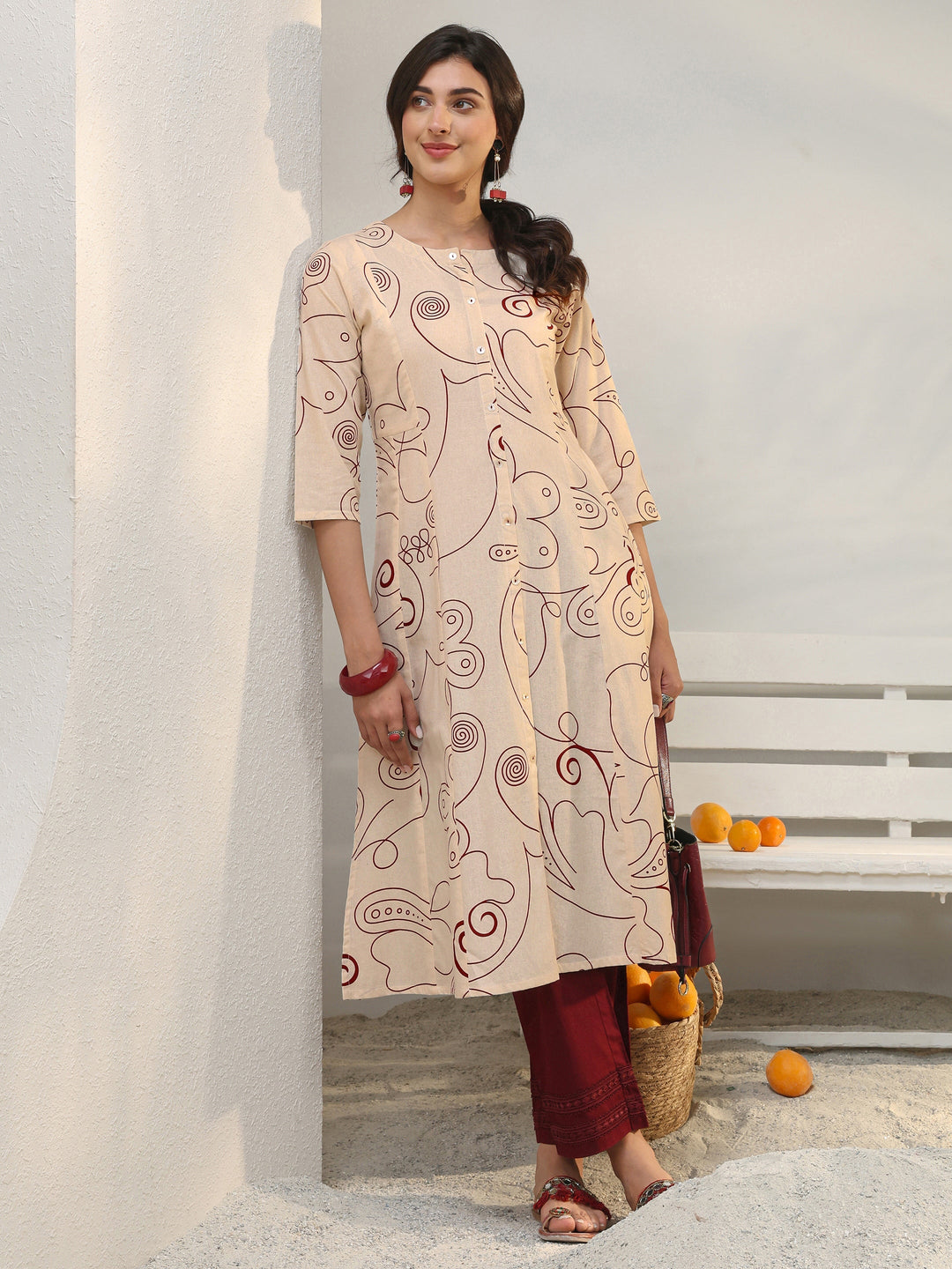 Off White Abstract Printed Cotton Blend A-Line Kurta