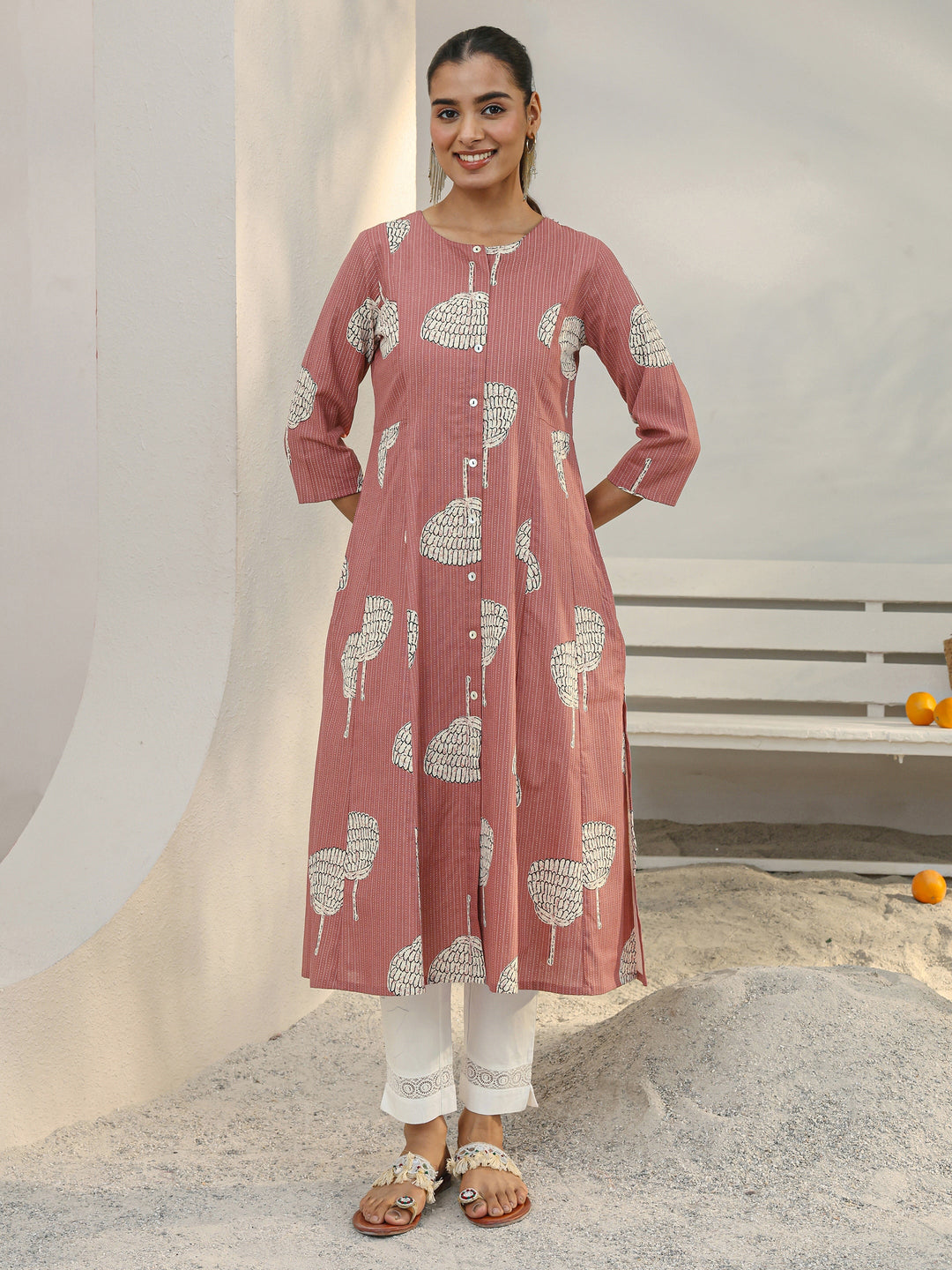Mauve Printed Cotton Blend A-Line Kurta