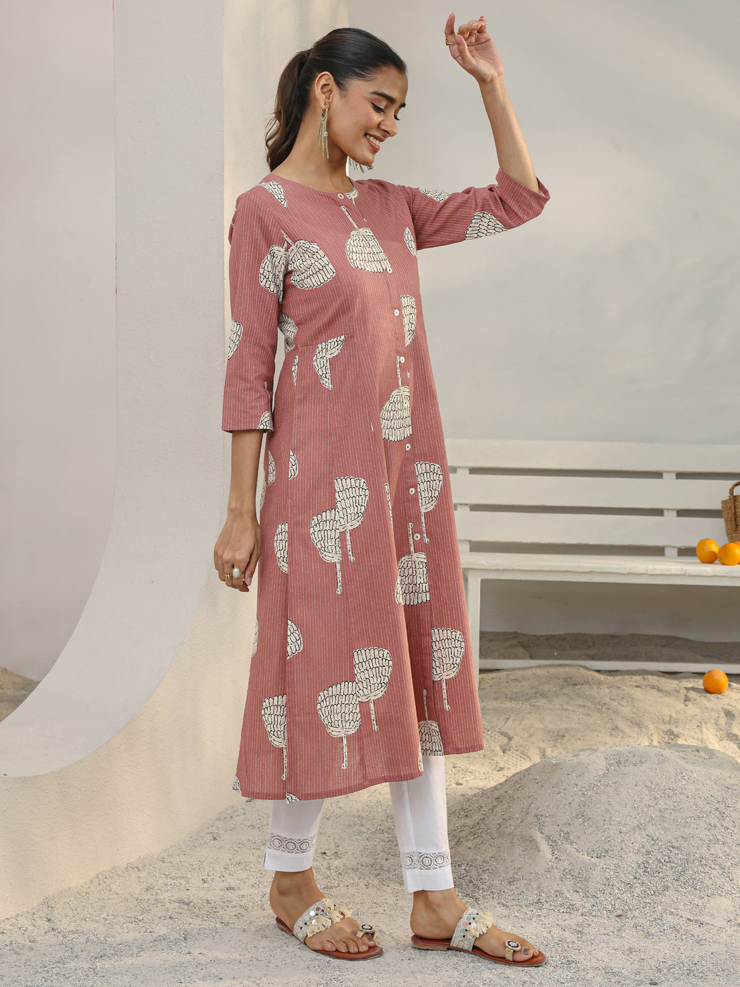 Mauve Printed Cotton Blend A-Line Kurta