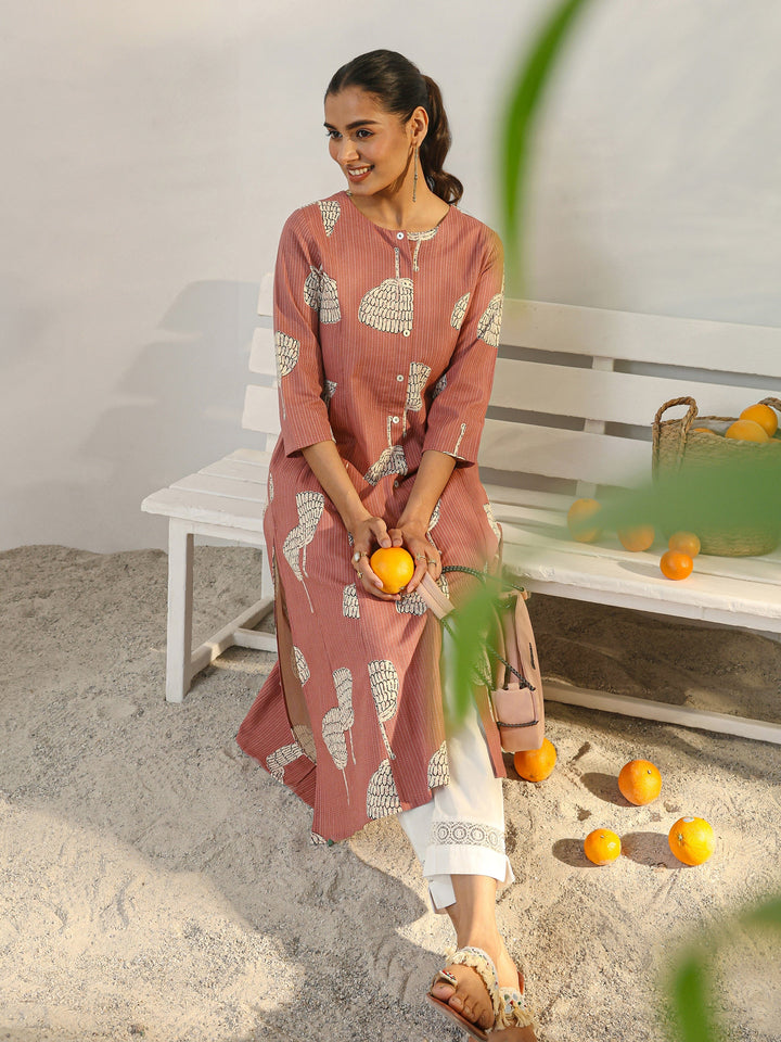 Mauve Printed Cotton Blend A-Line Kurta