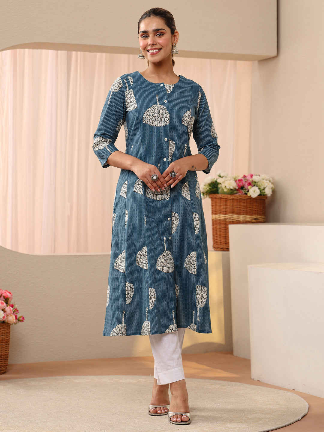 Blue Printed Cotton Blend A-Line Shirt Style Kurta