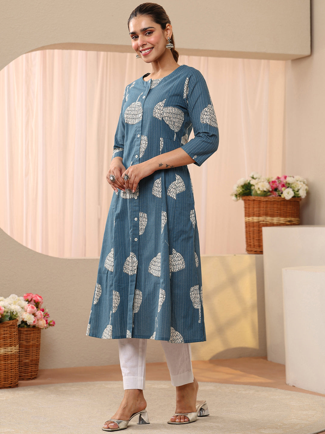 Blue Printed Cotton Blend A-Line Shirt Style Kurta