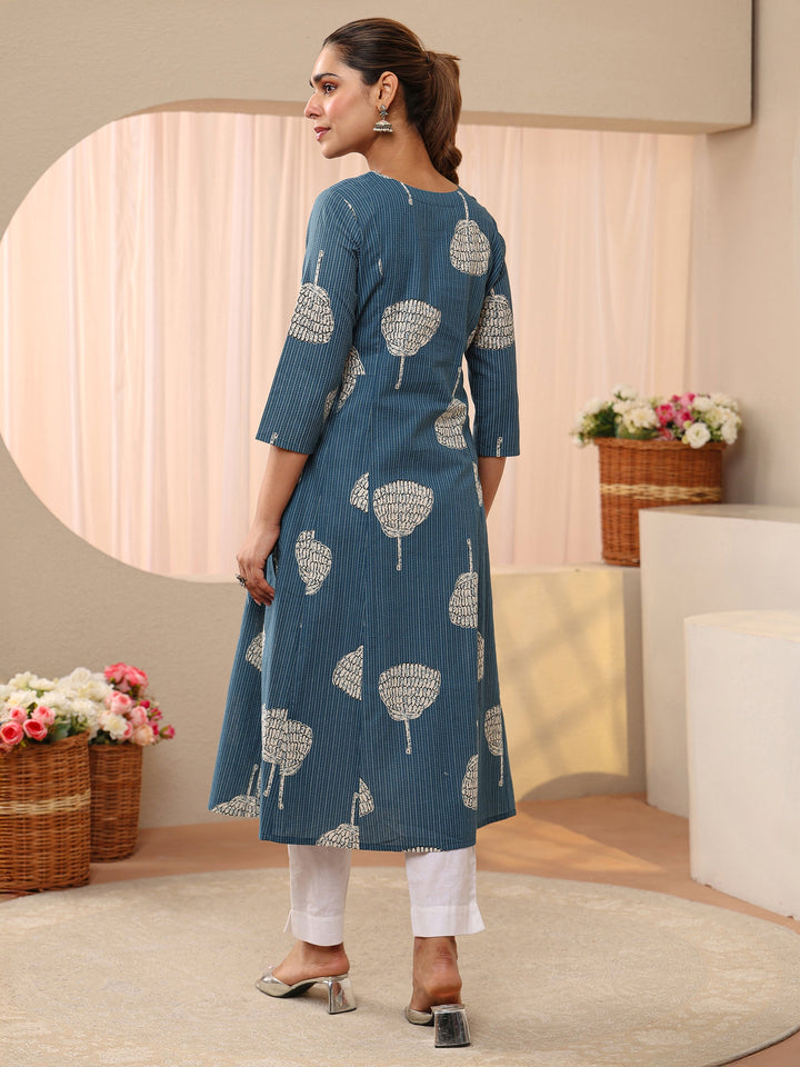 Blue Printed Cotton Blend A-Line Shirt Style Kurta