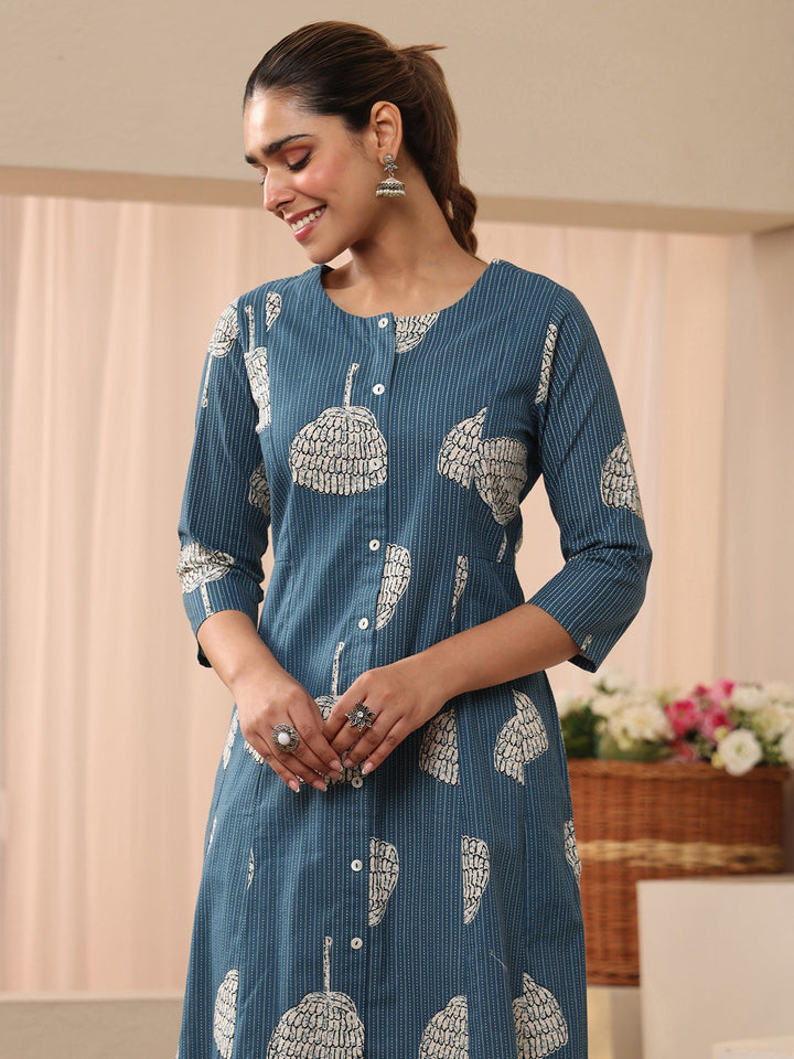 Blue Printed Cotton Blend A-Line Shirt Style Kurta
