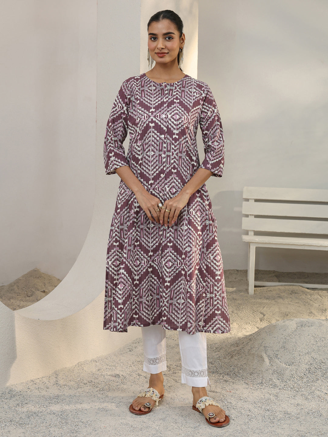 Burgundy Geometric Printed Cotton Blend A-Line Kurta