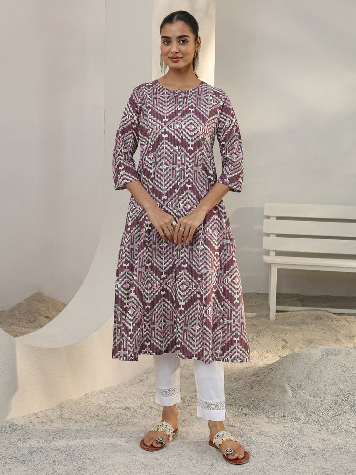 Burgundy Geometric Printed Cotton Blend A-Line Kurta