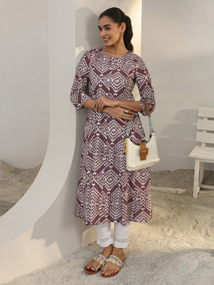 Burgundy Geometric Printed Cotton Blend A-Line Kurta