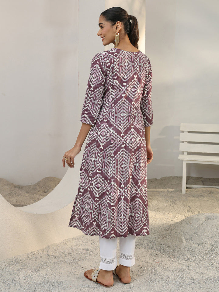 Burgundy Geometric Printed Cotton Blend A-Line Kurta