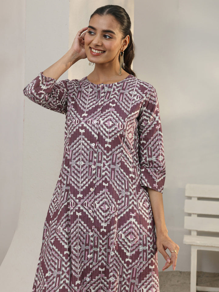 Burgundy Geometric Printed Cotton Blend A-Line Kurta