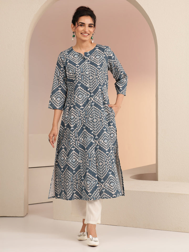 Libas Blue Geometric Print Cotton Blend A-Line Kurta