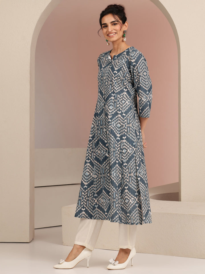 Libas Blue Geometric Print Cotton Blend A-Line Kurta