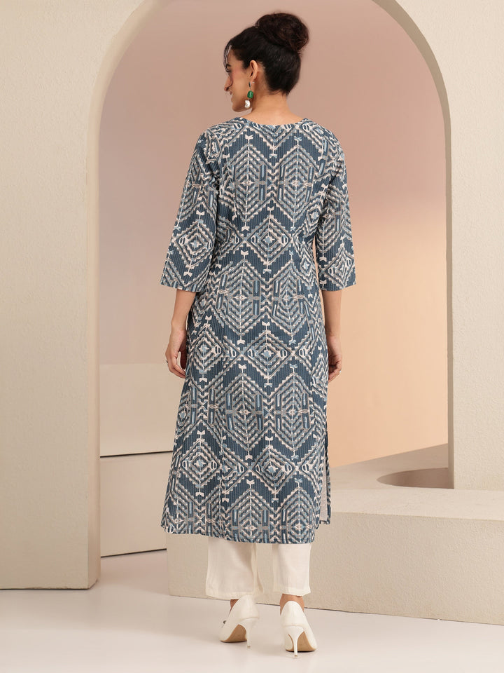 Libas Blue Geometric Print Cotton Blend A-Line Kurta