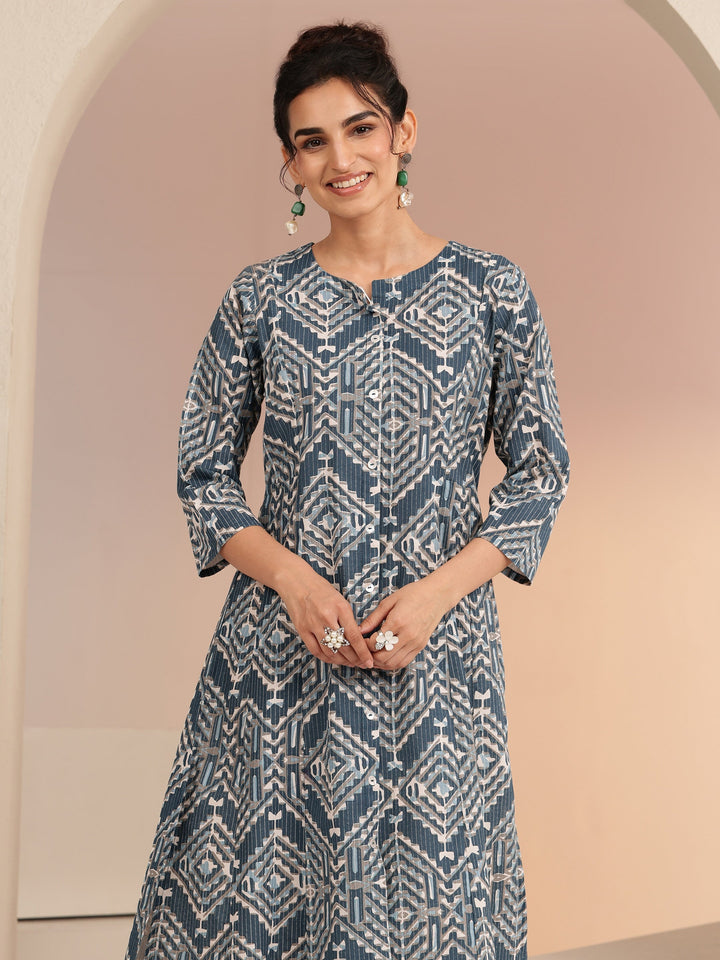 Libas Blue Geometric Print Cotton Blend A-Line Kurta