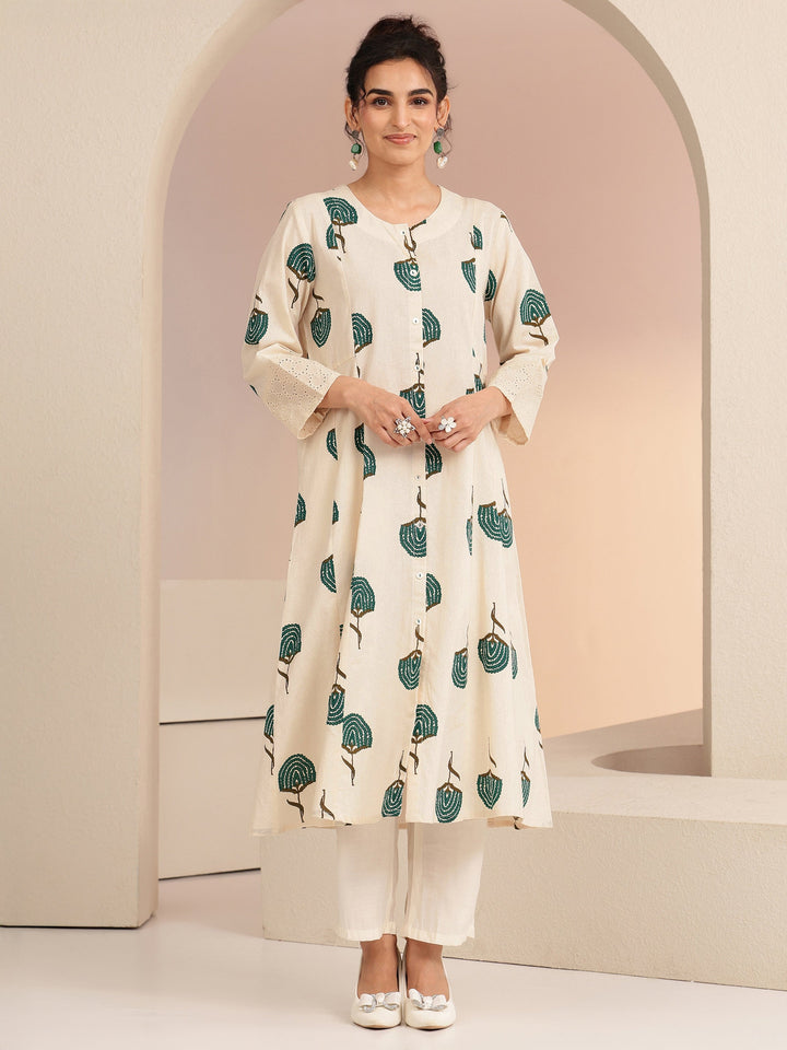 Libas Ivory Floral Printed Cotton Blend A-Line Kurta