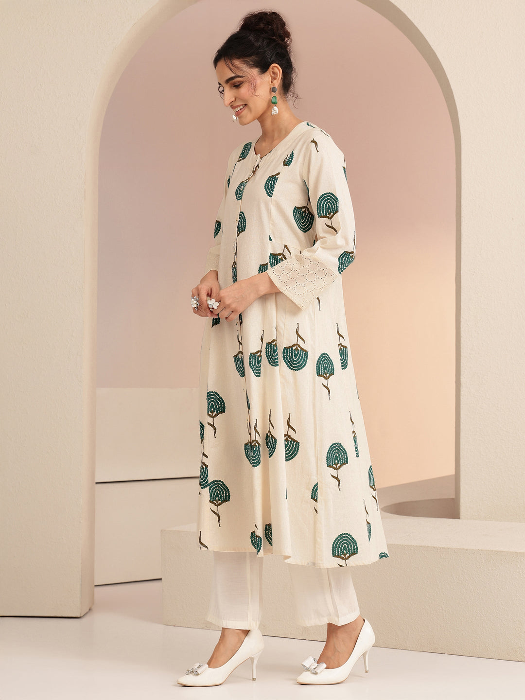 Libas Ivory Floral Printed Cotton Blend A-Line Kurta