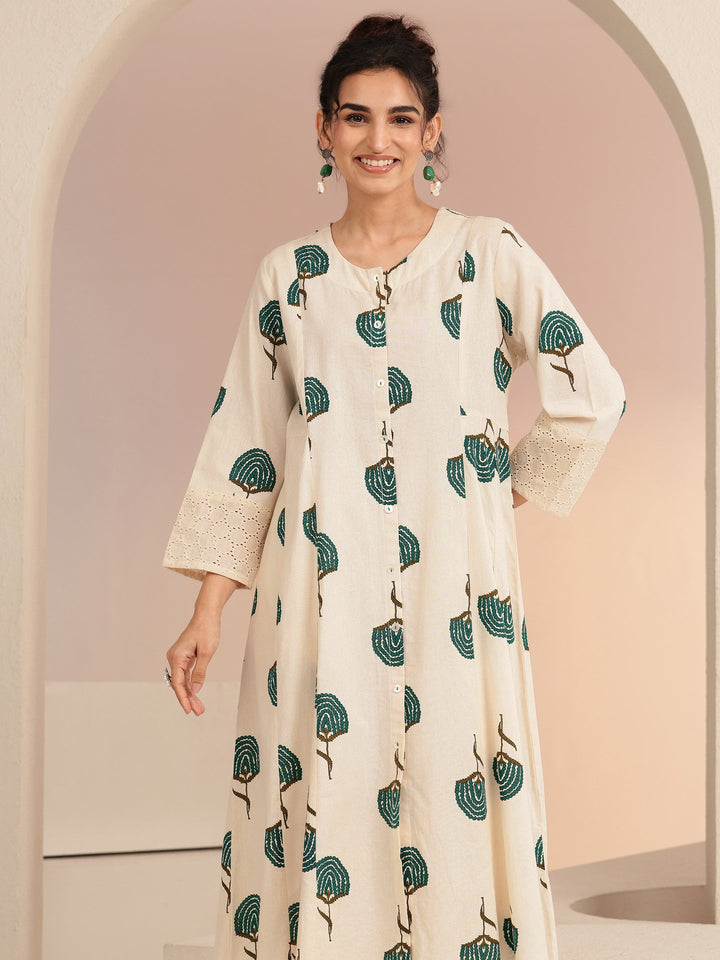 Libas Ivory Floral Printed Cotton Blend A-Line Kurta