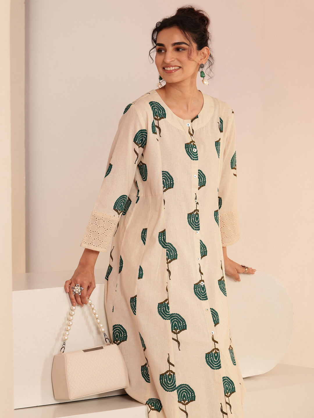 Libas Ivory Floral Printed Cotton Blend A-Line Kurta