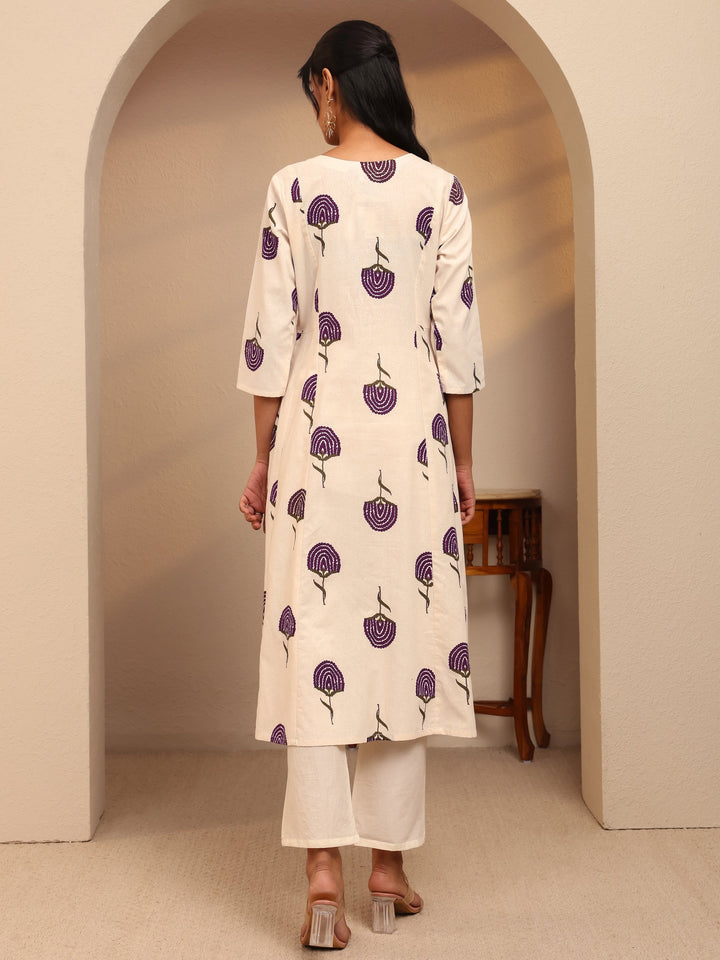 Off White Floral Printed Cotton Blend A-Line Kurta