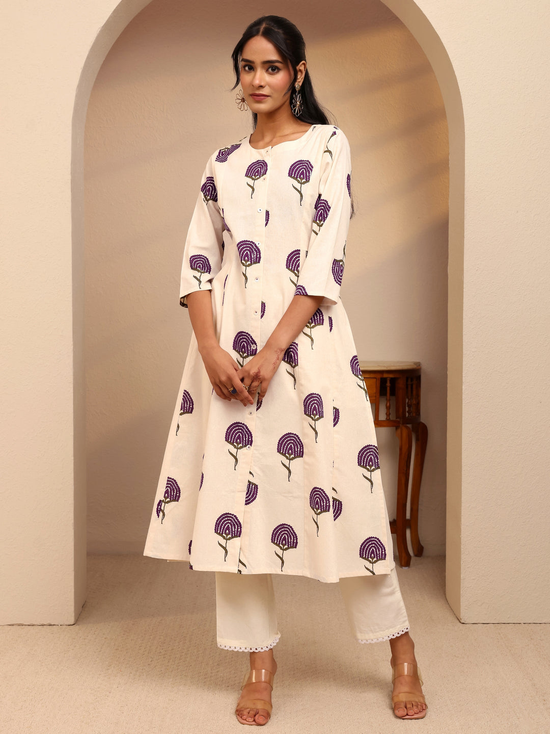 Off White Floral Printed Cotton Blend A-Line Kurta