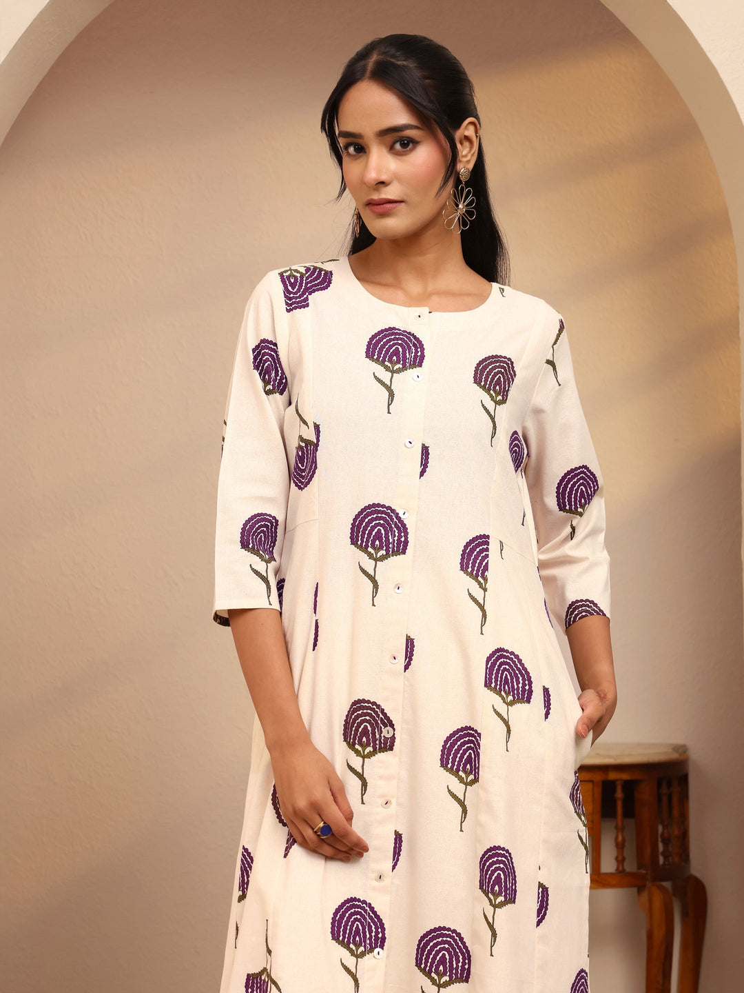 Off White Floral Printed Cotton Blend A-Line Kurta