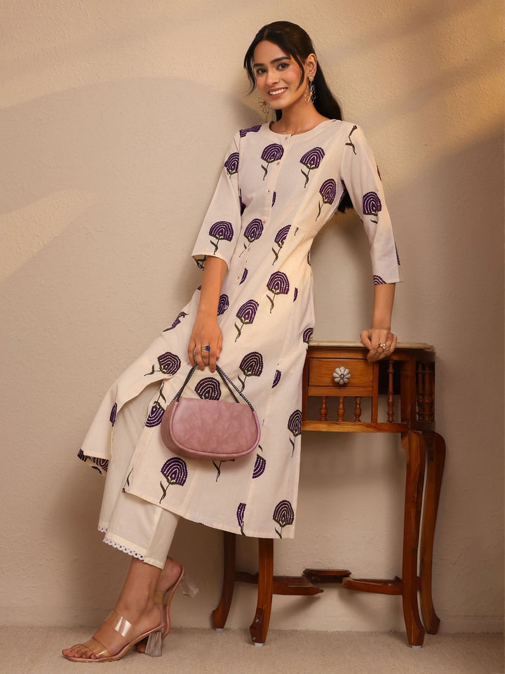 Off White Floral Printed Cotton Blend A-Line Kurta