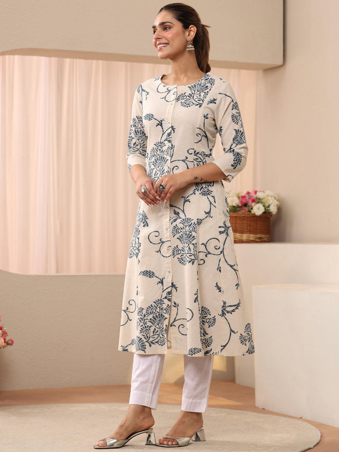 Off White Printed Cotton Blend A-Line Shirt Style Kurta
