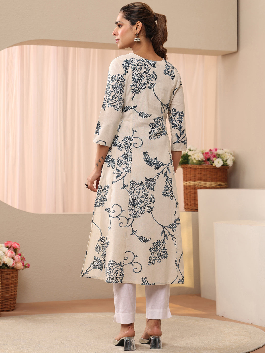 Off White Printed Cotton Blend A-Line Shirt Style Kurta