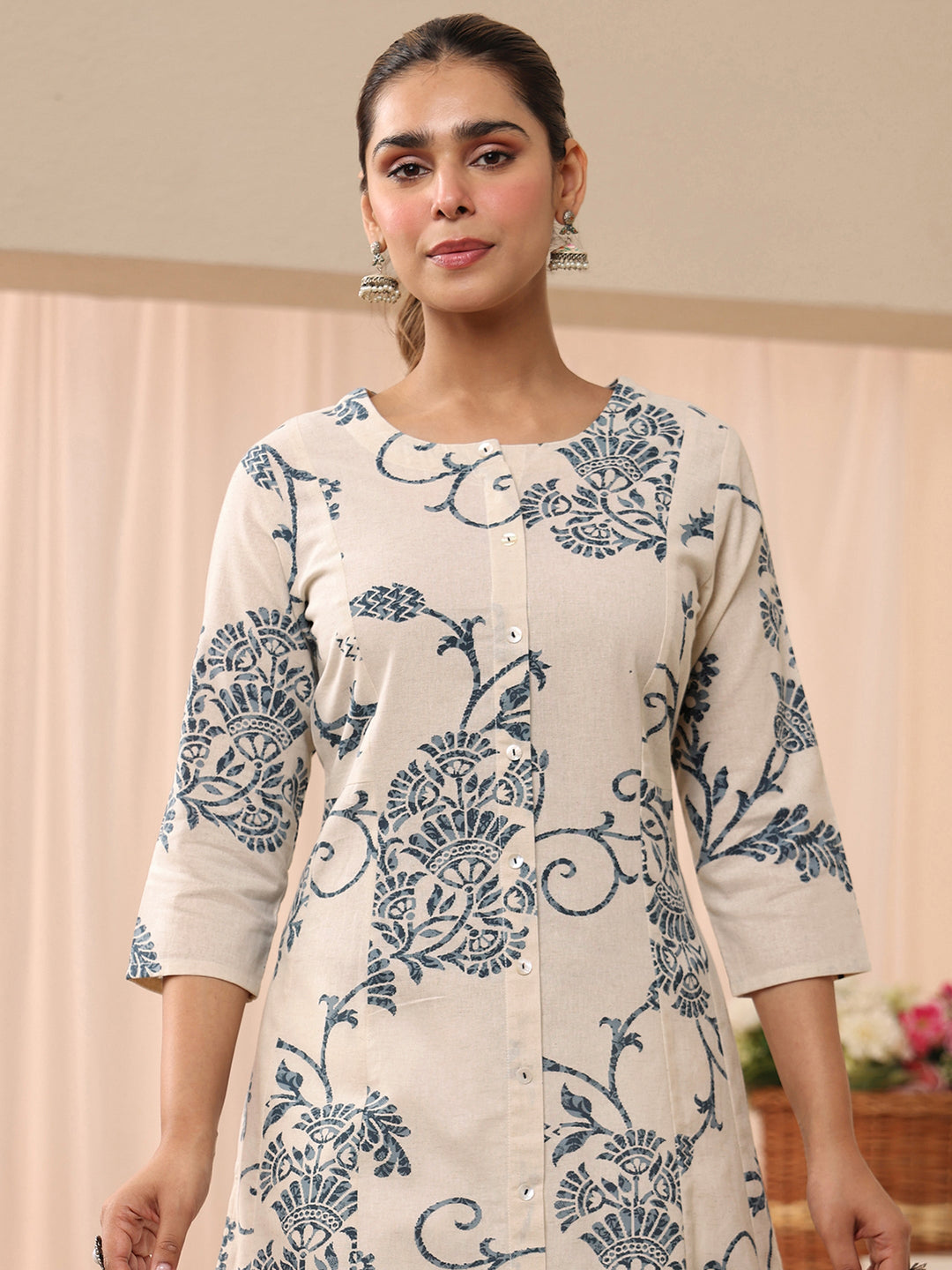 Off White Printed Cotton Blend A-Line Shirt Style Kurta