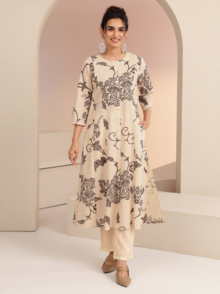 Libas Ivory Floral Printed Cotton Blend A-Line Kurta