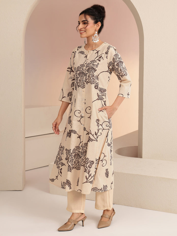 Libas Ivory Floral Printed Cotton Blend A-Line Kurta