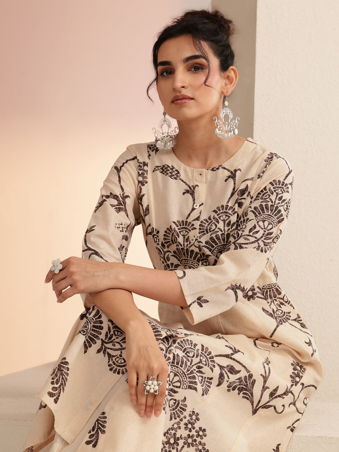 Libas Ivory Floral Printed Cotton Blend A-Line Kurta