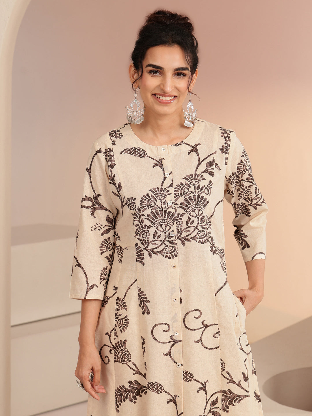 Libas Ivory Floral Printed Cotton Blend A-Line Kurta