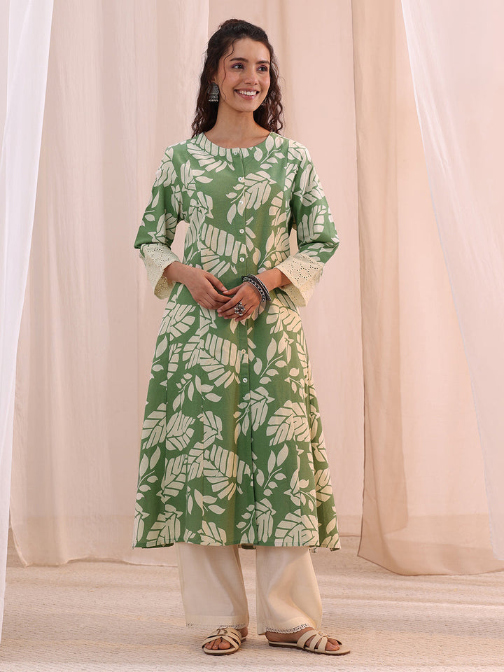 Libas Green Floral Printed Cotton A-Line Kurta