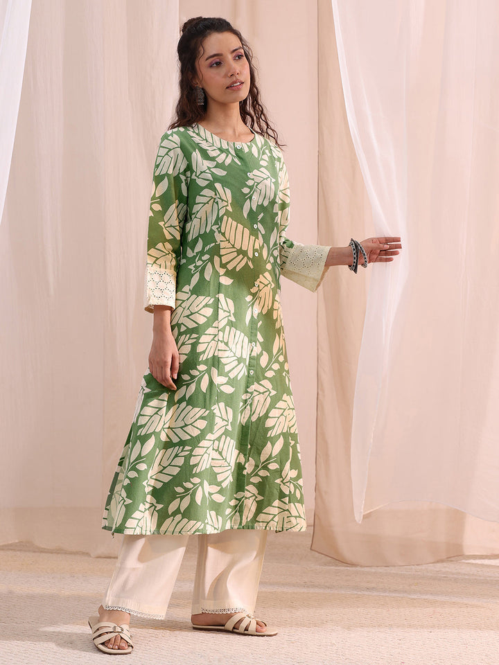 Libas Green Floral Printed Cotton A-Line Kurta