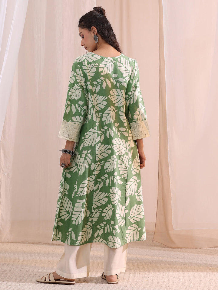 Libas Green Floral Printed Cotton A-Line Kurta