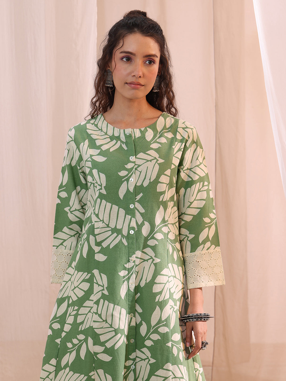 Libas Green Floral Printed Cotton A-Line Kurta