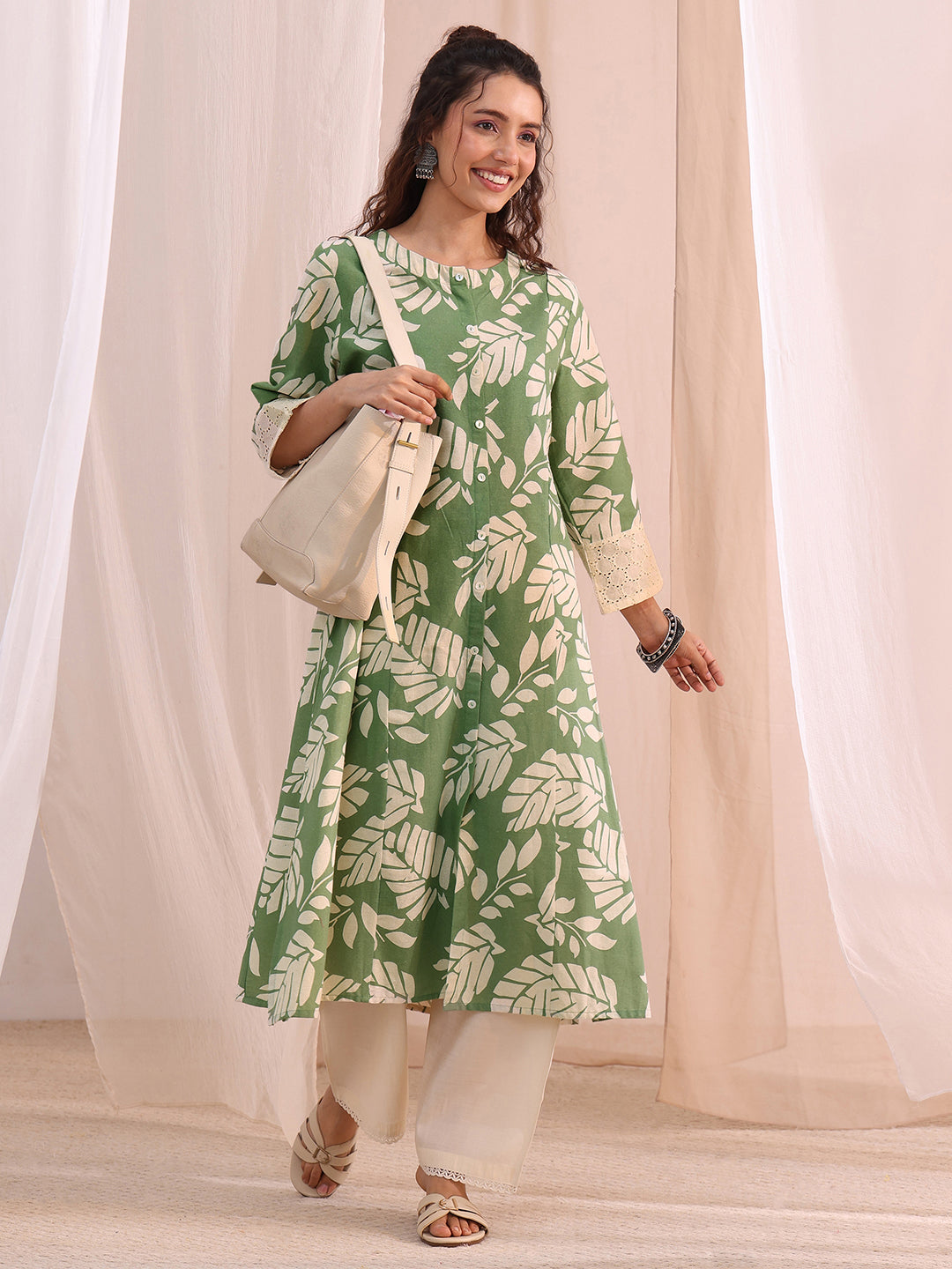 Libas Green Floral Printed Cotton A-Line Kurta