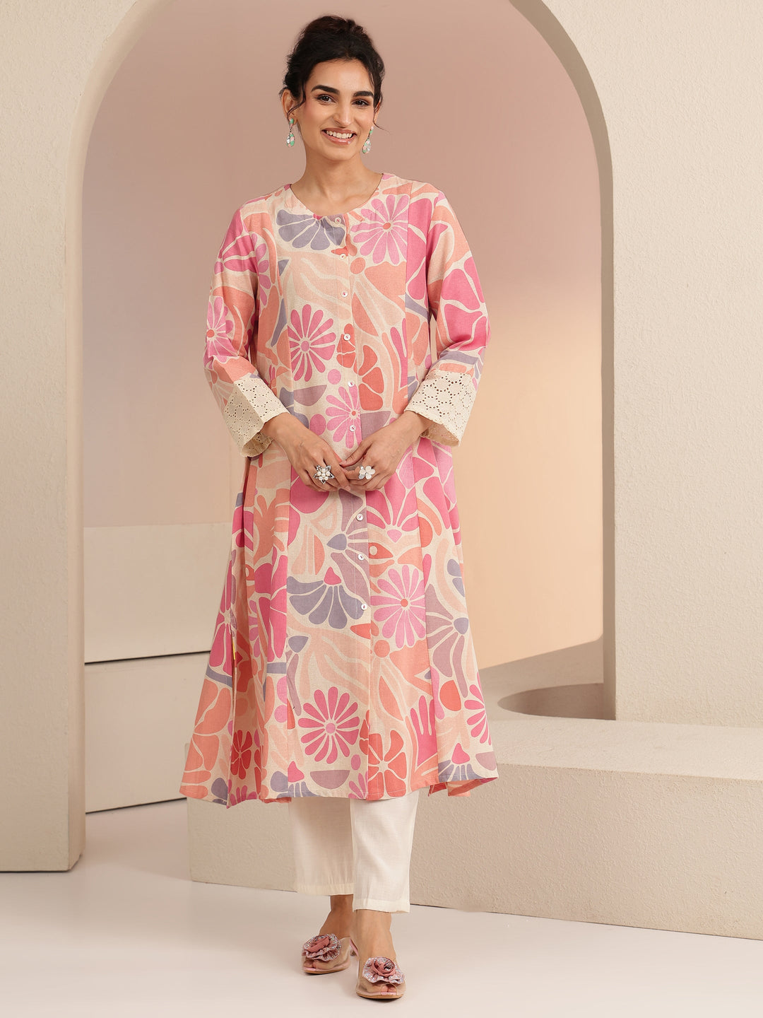 Libas Multi Floral Printed Cotton Blend Shirt-Style A-Line Kurta