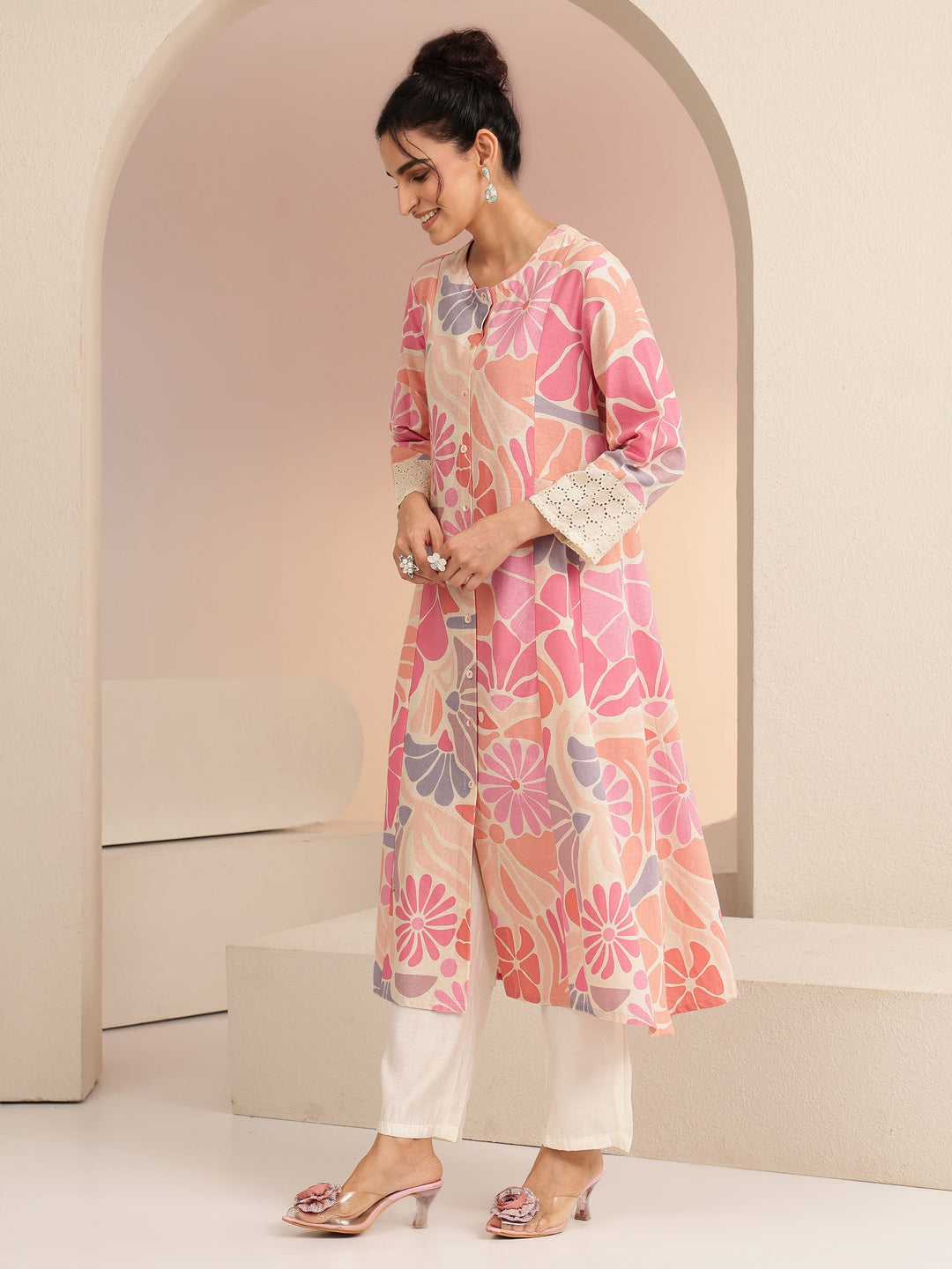 Libas Multi Floral Printed Cotton Blend Shirt-Style A-Line Kurta
