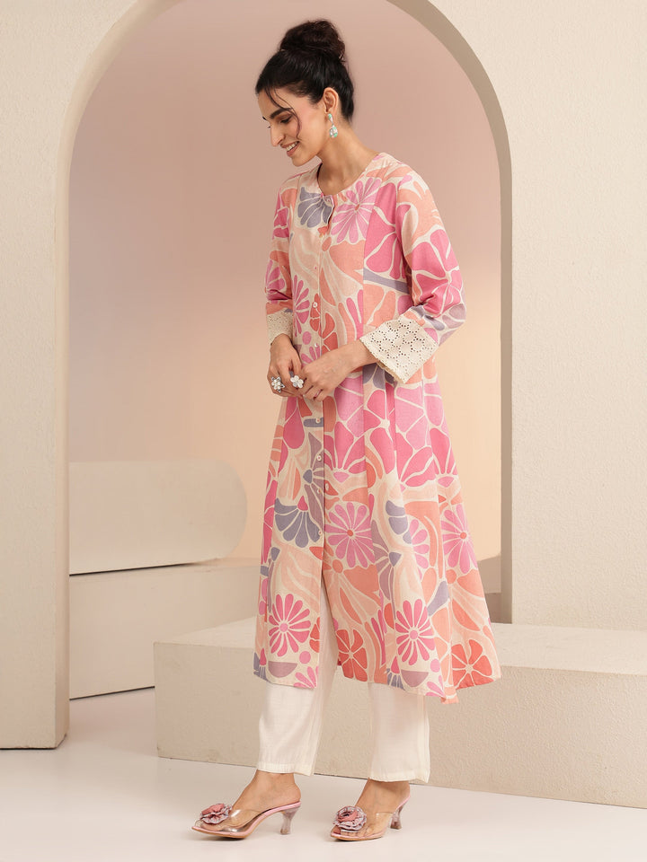 Libas Multi Floral Printed Cotton Blend Shirt-Style A-Line Kurta