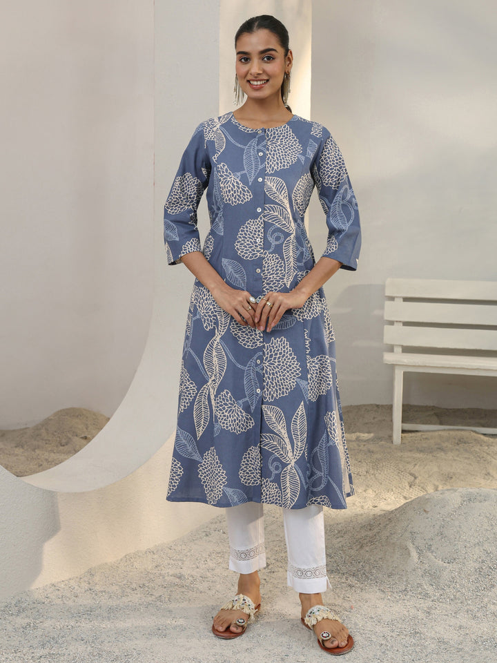 Libas Blue Floral Printed Cotton Blend A-Line Kurta
